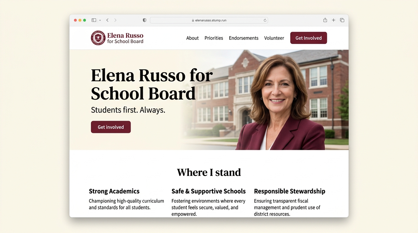 Elena Russo for School Board, a campaign site built on Stump.Run