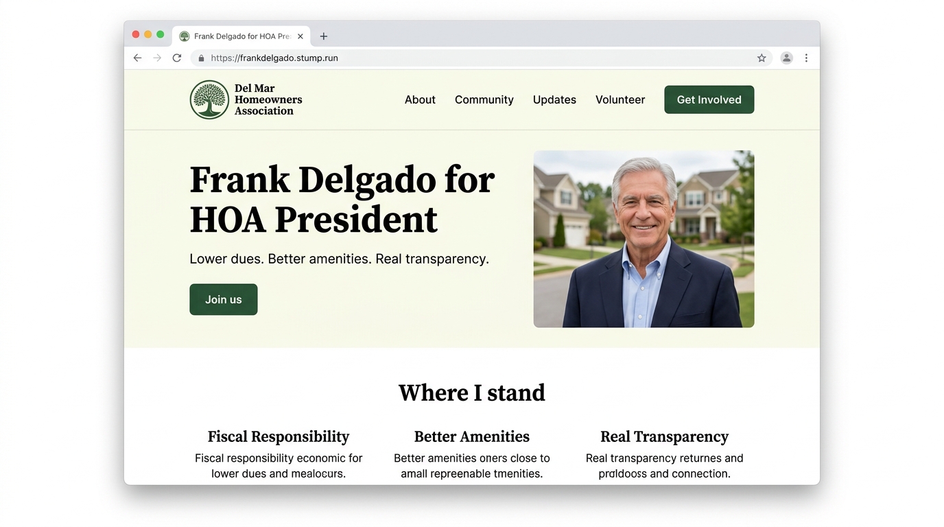 Frank Delgado for HOA President, a campaign site built on Stump.Run