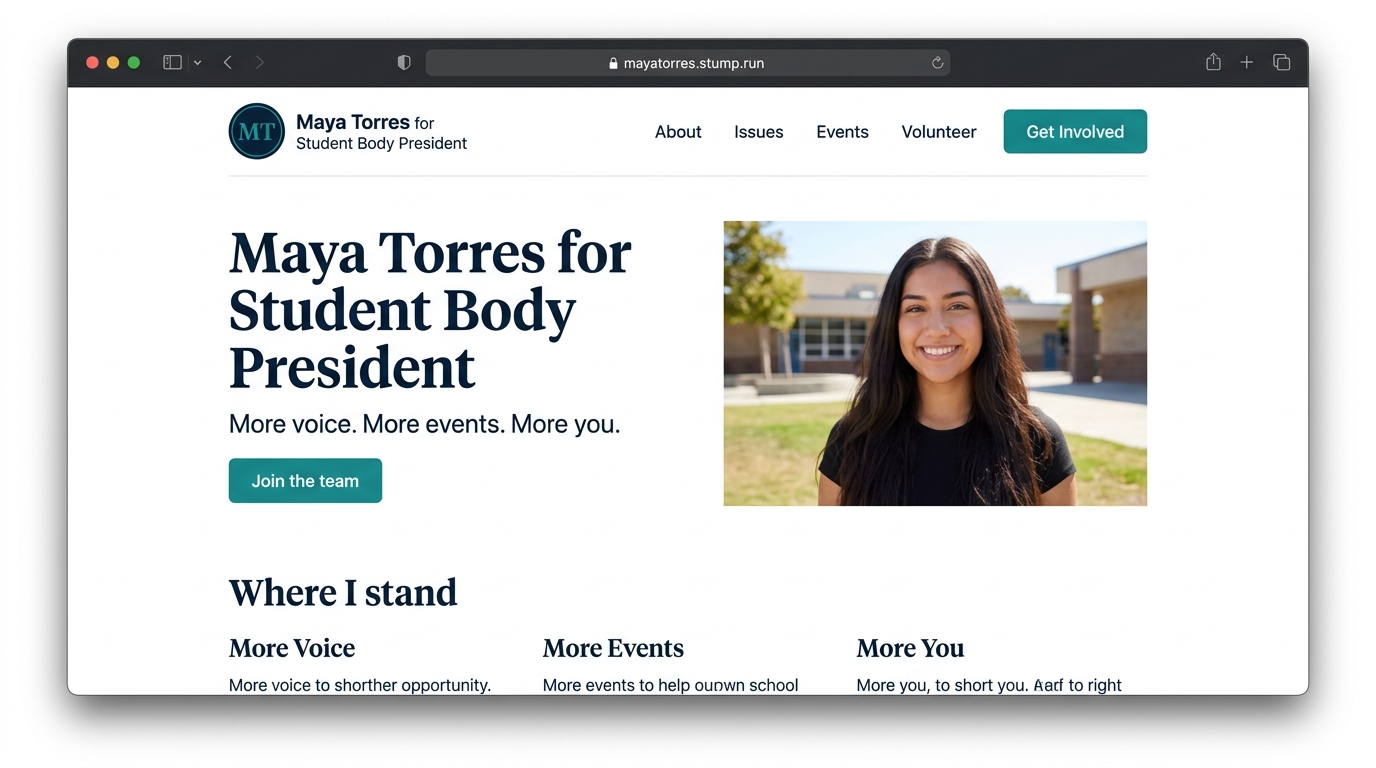 Maya Torres for Student Body President, a campaign site built on Stump.Run